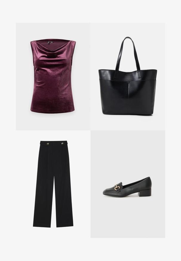 Satin-finish, sleeveless top in deep burgundy with a cowl neckline and smooth texture. Simple design with no visible patterns or accents.; Black wide-leg trousers with high waist, button details on waistband, and front pleats.; Black leather loafers with a flat heel, featuring a decorative gold hardware detail on the front and a smooth texture.; Black leather tote bag with two long handles, a smooth texture, and a structured shape. Features a front pocket for additional storage.