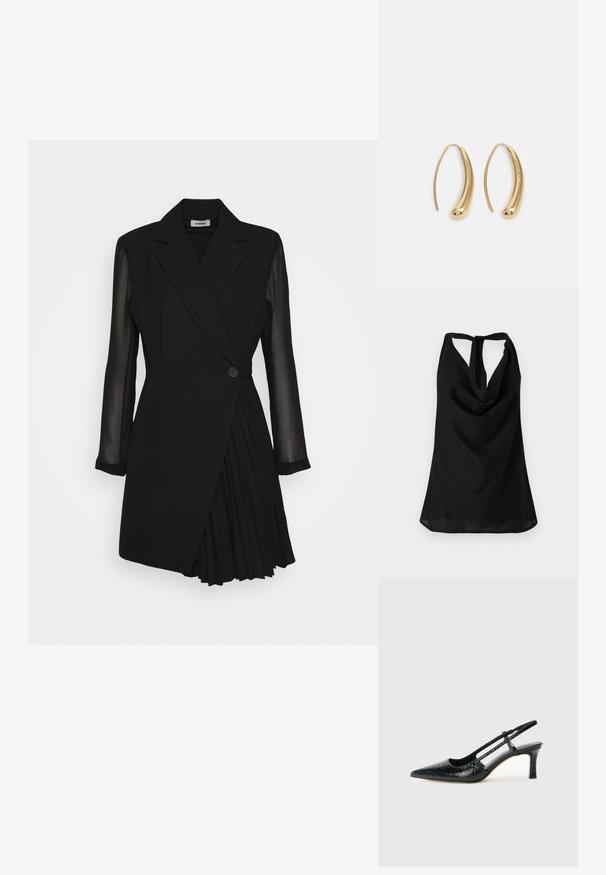 Črn brezrokavnik z drapiranim izrezom, nizkim hrbtom s vezanjem in tekočo silhueto. Narejen iz lahkotnega blaga.; Črna obleka po meri, ki ima vrhnji del v stilu blazerja, prosojne dolge rokave, zapiranje z enim gumbom in podrobnostmi s plisirano krilo.; Črne lakaste slingback pete s koničastim nosom, ki imajo teksturiran vzorec kačje kože, nastavljiv trak in kratek teksturiran blok peto.; Črna usnjena torbica čez ramo z dvema sprednjima žepoma, zlatimi zaponkami, zadrgo in ozkim pasom. Tekstura površine je strukturirana, obliko pa ima kompaktno pravokotno.; Zlato-tonirani kovinski uhani v obliki obroča s krivuljo in podolgovato obliko. Imajo gladko, sijočo površino in zaobljen vrh za dodaten detajl.