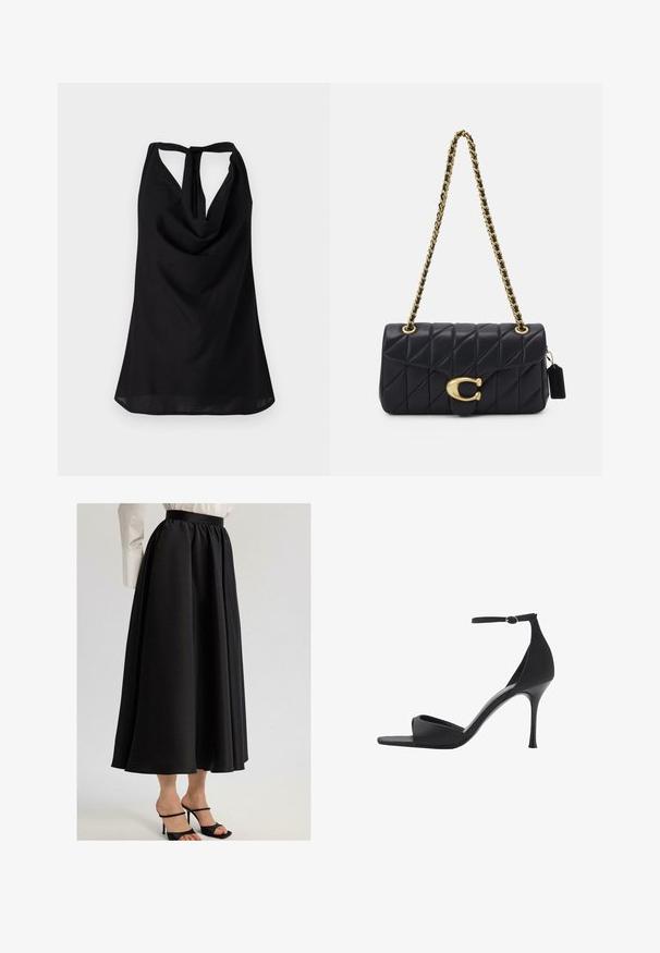 Czarny bezrękawnik z drapowanym dekoltem, niskim tyłem z wiązaniem oraz płynącą sylwetką. Wykonany z lekkiego materiału.; Czarna długa spódnica z gładkiego materiału, z marszczonym pasem i swobodnym krojem, w połączeniu z czarnymi sandałami na cienkich obcasach.; Mango - Sandały na obcasie; Czarna pikowana torebka na ramię z złotym łańcuszkiem, z charakterystycznym złotym zapięciem i małym tagiem, prezentująca teksturowaną skórzaną powierzchnię.