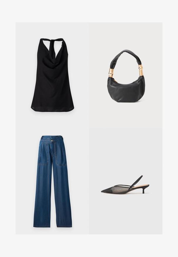 Zwarte mouwloze top met een gedrapeerde halslijn, een lage rug met een striksluiting en een vloeiende silhouwette. Gemaakt van lichtgewicht stof.; Donkerblauwe wijde jeans van denim, met twee voorzakken, een knoopsluiting en contrasterende oranje stiksels.; NEOUS IRENA - Klassieke pumps - black; Zwarte leren handtas met een ronde vorm, zachte textuur en een geknoopt handvat met gouden hardware accenten. Met rits sluiting.