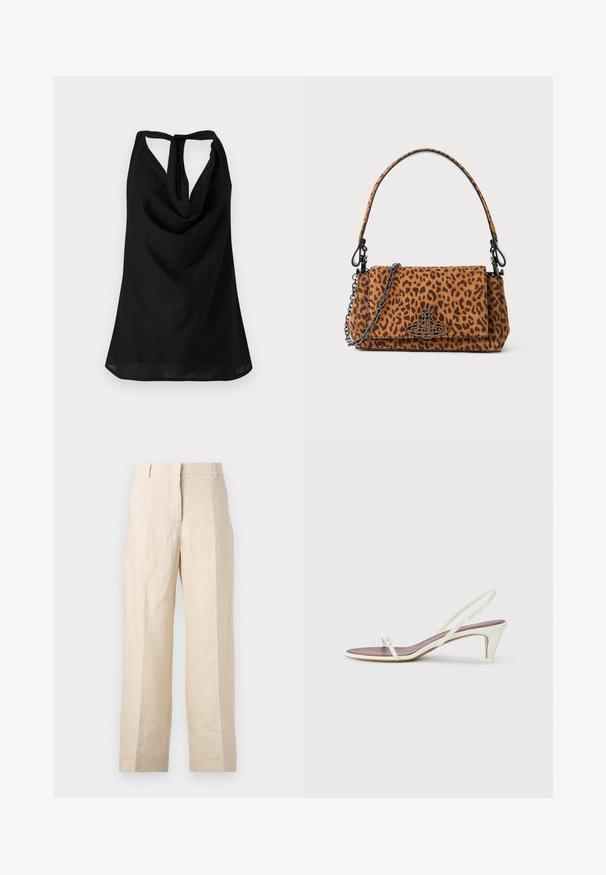 Black sleeveless top featuring a draped neckline, a low back with a tie closure, and a flowing silhouette. Made of lightweight fabric.; Beige linen trousers with a loose fit, pleated front, and straight legs. Features a waistband with belt loops and no visible pockets.; White slingback sandals with a slight heel, thin straps, and a smooth leather texture; features a small decorative buckle.; Leopard print handbag made of suede with a short handle, a chain strap, and a black hardware clasp. Rectangular shape with a flap closure.
