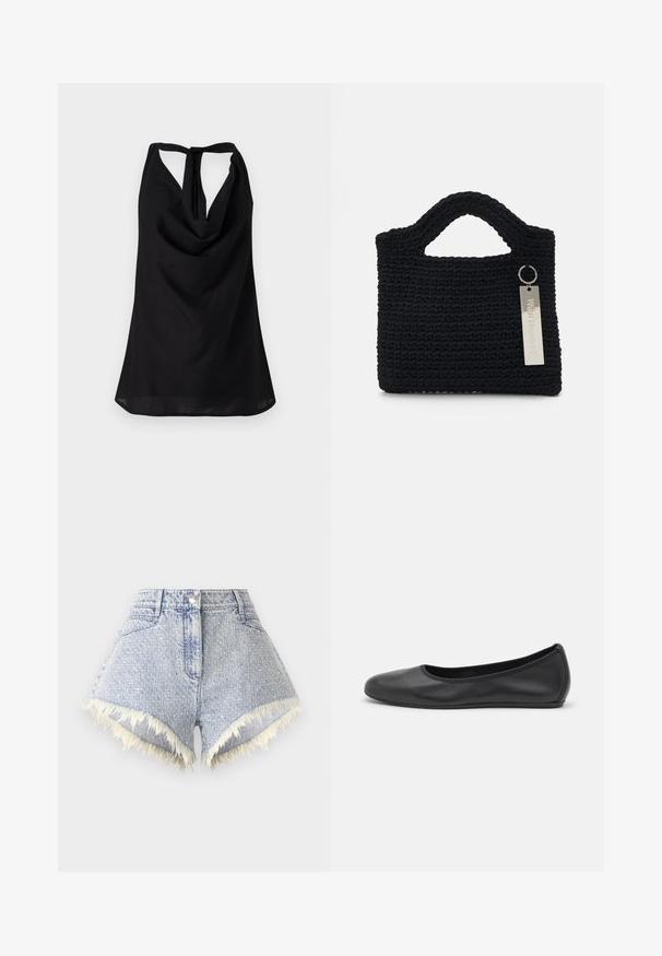 Schwarzes ärmelloses Top mit einem drapierten Ausschnitt, einem tiefen Rückenausschnitt mit Bindegürtel und einer fließenden Silhouette. Aus leichtem Stoff gefertigt.; Hellblaue Denim-Shorts mit einem ausgefransten Saum und weißen Akzenten, ausgestattet mit einem vorderen Knopfverschluss und zwei Gesäßtaschen.; Schwarze Leder-Ballettschuhe mit abgerundeter Spitze, glatter Textur, minimalen Nähdetails und einem flexiblen Sohlen-Design.; Won Hundred MARSIELLE COMPUTER BAG UNISEX - Notebooktasche - black