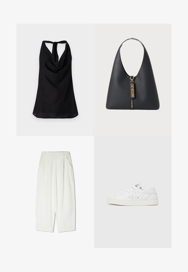 Svart ärmlös topp med draperad halsringning, låg rygg med knytning och en flödande silhuett. Tillverkad av lättviktig tyg.; Lösa, knälånga vita byxor i ett lättviktigt material, med sidofickor och ett samlat elastiskt midjeband.; Vita låga sneakers med perforerat mönster, platta snören och en texturerad gummisula. Har en minimalistisch stil och mjuk finish.; Svart läderaxelväska med en bred rem, guldpläterade detaljer, och två hängande etiketter präglade med "LOVE MOSCHINO" i guldiga bokstäver.