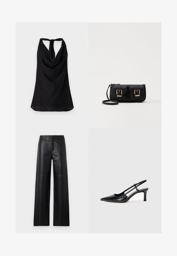 Černý bezramínkový top s drapovaným výstřihem, nízkým zadním dílem se zavazováním a volným střihem. Vyroben z lehkého materiálu.; Široké černé kožené kalhoty s hladkou texturou, s předními kapsami, zapínáním na knoflík a jemnými švy.; Černé lakované slingback podpatky s špičatou špičkou, zdobené texturovaným hadím vzorem, nastavovacím páskem a krátkým texturovaným blokovým podpatkem.; Černá kožená crossbody taška se dvěma předními kapsami, zlatými přezkami, zipovým uzávěrem a štíhlým popruhem. Texturovaný povrch a kompaktní obdélníkový tvar.
