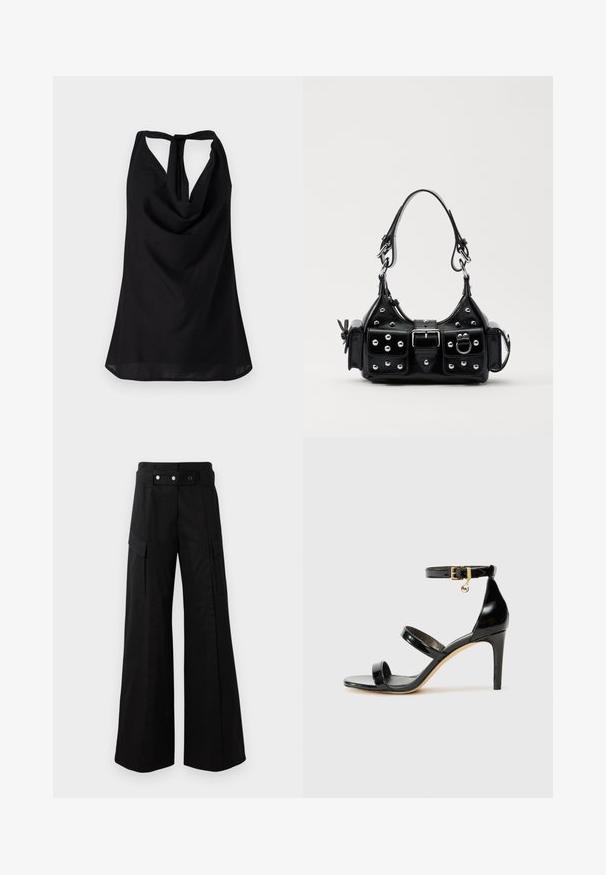 Black sleeveless top featuring a draped neckline, a low back with a tie closure, and a flowing silhouette. Made of lightweight fabric.; Black wide-leg pants with a high waistband, featuring large side pockets, two front buttons, and a loop detail. Made from sturdy fabric.; Black patent leather sandal with three straps, ankle buckle, and 4-inch stiletto heel. Features gold hardware detail and logo charm.; Black leather handbag with a curved design, featuring silver studs, a buckle, and two side pockets. Adjustable strap for carrying options.