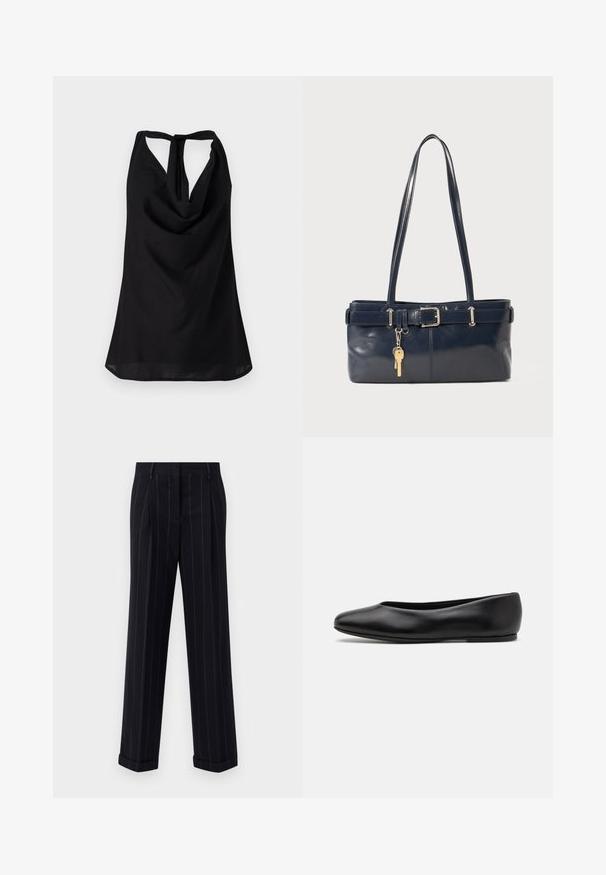 Czarny bezrękawnik z drapowanym dekoltem, niskim tyłem z wiązaniem oraz płynącą sylwetką. Wykonany z lekkiego materiału.; Czarne spodnie w paski w stylu tailored, z mankietami i fałdami z przodu. Wykonane z gładkiego materiału o strukturalnym fasonie.; Paul Smith TOPANGA czarny; Granatowa skórzana torebka z dwoma długimi uchwytami, detalem w postaci klamry oraz dołączonym breloczkiem. Charakteryzuje się gładką teksturą i prostokątnym kształtem.