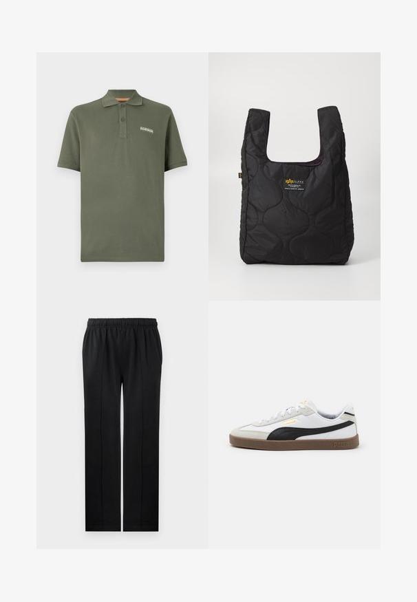 Olive zelená bavlnená polo košela s trojkoľkovým zapínaním, krátkymi rukávmi a malým logom na hrudi. Mäkko textúrovaná, klasický strih.; Čierne nohavice vyrobené z jemnej látky s elastickým pásom, rovný strih a dva bočné vrecká. Obsahujú skrytý detaily stehu.; Biele kožené tenisky s čiernym semišovým akcentom, okružný špičkový tvar, plochá hnedá gumová podrážka a zlatý embosovaný logo po stranách. Šnúrky a polstrovaný golier.; Čierna prešívaná kabelka s veľkým otvorom, zakrivenými tvarmi na povrchu a štítkom so žltým a bielym textom na prednej strane.