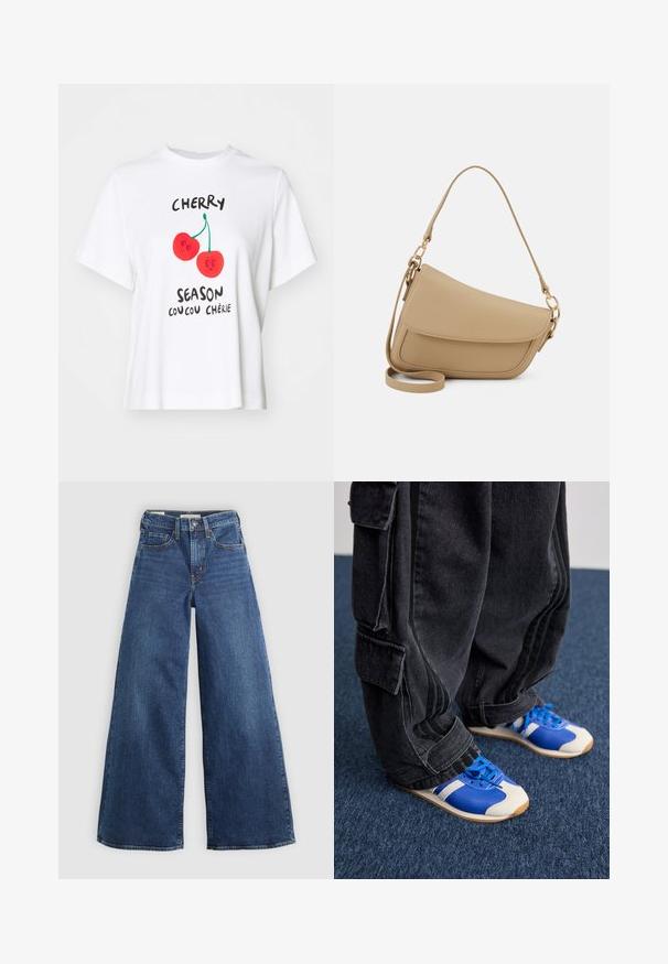 Hvid bomulds t-shirt med et grafisk design af to røde kirsebær med ansigtsudtryk og teksten "CHERRY SEASON COUCOU CHÉRIE."; Bredde jeans i blå denim med fem lommer, knaplukning og kontraststing, der har en blød og tekstureret overflade.; Person i løse sorte cargo-bukser og blå og hvide sneakers står på en mørkeblå tæppe.; Even&Odd Håndtasker - beige