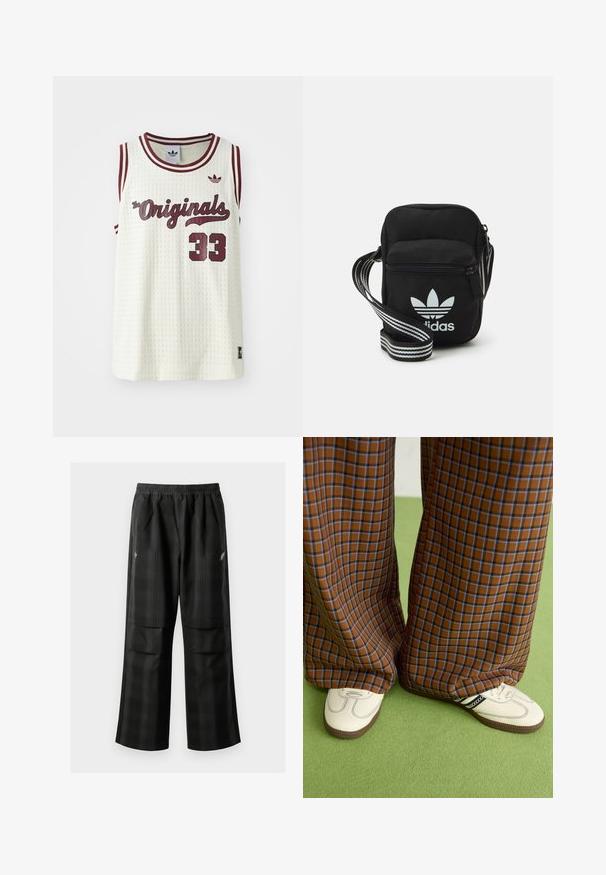 Baltos tinklelio be rankovių marškiniai su bordo akcentais, užrašu "The Originals", numeriu 33 ir mažu logotipu kairėje krūtinės pusėje.; Juodos languotos kelnės su elastingu juosmeniu, dviem priekinėmis kišenėmis ir laisvu tiesiu kirpimu. Pagamintos iš lengvos medžiagos.; Rudos ir mėlynos langelinės plačios kelnės, derinamos su baltais batais su juodais akcentais ir tekstūruotais padais, prieš žalią foną.; Juodas audinio per petį nešiojamas krepšys su užtrauktuku, turintis baltą Adidas logotipą ir dryžuotą reguliuojamą diržą patogiam nešiojimui.