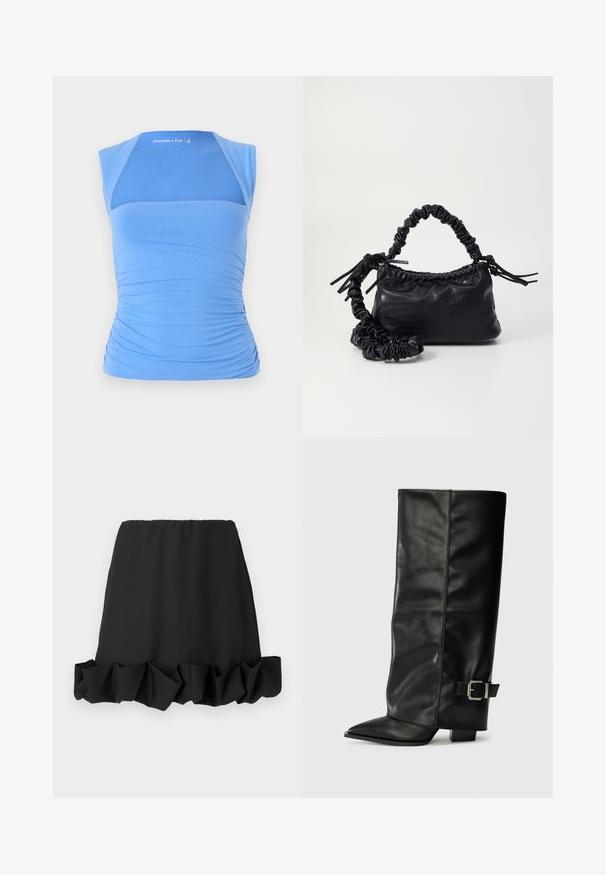 Blauw, mouwloos topje van rekbare stof met gerimpelde zijkanten voor textuur. Beschikt over een gaaspaneel aan de voorkant, een gladde halslijn en logo-detail.; Zwarte rok met een gekruide onderrand, gemaakt van lichtgewicht stof. Heeft een elastische tailleband voor een comfortabele pasvorm. Eenvoudig en veelzijdig ontwerp.; Zwarte leren enkellange laarzen met een spitse neus, een gladde textuur en een zilveren gesps Accent aan de zijkant. Stevige vierkante hak.; Zwarte nepleer handtas met een krokodillenstructuur, opgedroogde bovenkant en een gekreukte hengsel. Het lijkt zacht en compact van ontwerp.