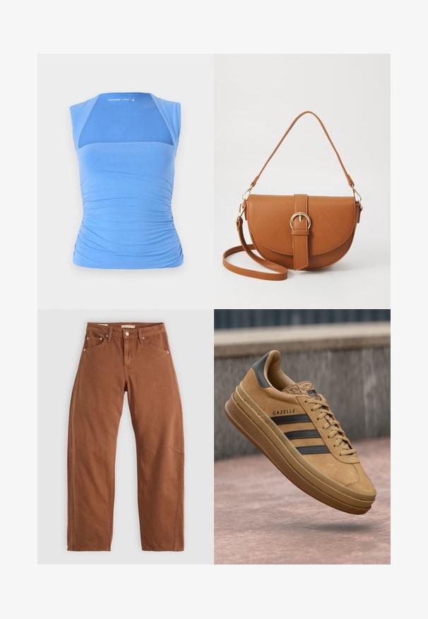 Blå, ærmeløs top lavet af strækbart stof med sammensnørede sider for tekstur. Har et meshniveau foran, glat halsudskæring og logo detalje.; Rustbrune straight-leg jeans med for- og baglommer, metalnitter, knaplukning og bæltestropper, lagt fladt på en hvid baggrund.; Tan ruskinds sneakers med en glat tekstur, der har tre mørke striber, en rund tå og en tykkere sål med et mønstret kant.; Brun læder crossbody taske med en buet form, guldfarvet hardware og en spændeaccent. Har en aftagelig skulderrem.