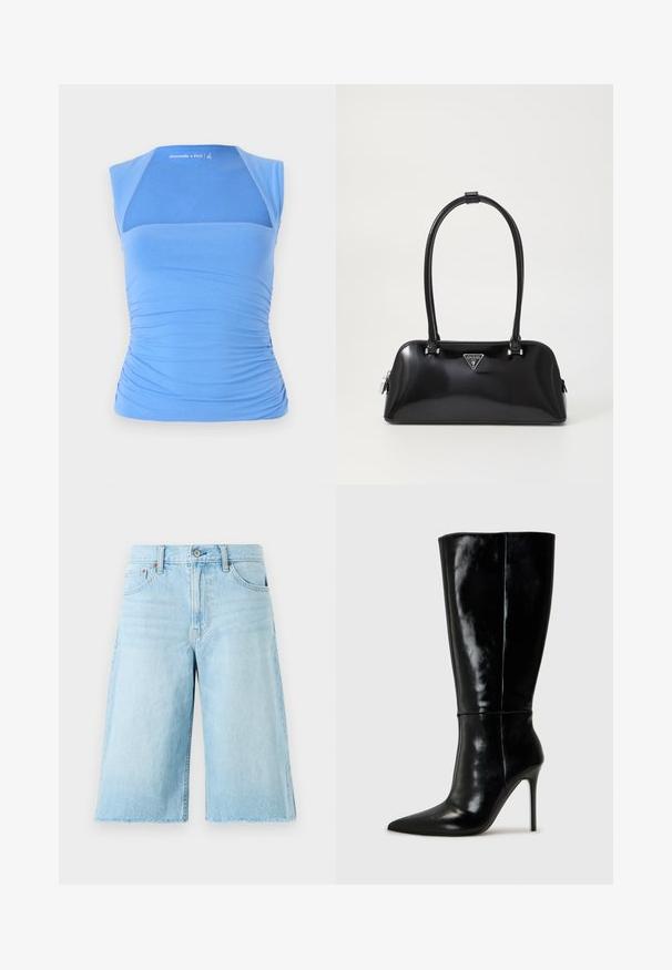 Modra brezrokavna majica iz raztegljivega materiala z nabiranjem ob straneh za teksturo. Ima mrežni panel spredaj, gladek izrez in podrobnost z logotipom.; Svijetloplave traper kratke hlače s širokim krojem, nazubljenim rubom, pet džepova i metalnim detaljima. Klasičan dizajn traperica s blago izblijeđenim dijelovima.; Črne usnjene škornje do kolen s koničastim nosom in visokim stiletto peto. Gladka tekstura in eleganten dizajn, ki vključuje minimalne detajle.; Črna sijoča torba s krivuljasto silhueto, dvema ročkama in sprednjo ploščico z logotipom. Zadrga za zapiranje in sijajni kovinski dodatki.; Srebrni uhani v obliki obroča z gladko, polirano površino. Okrogla oblika s nekoliko ukrivljenim dizajnom in spojem robov. Zaponka za zaklepanje.