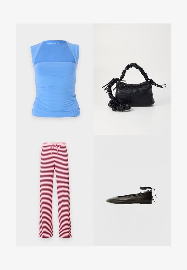 Top sans manches bleu en tissu extensible avec des côtés froncés pour plus de texture. Présente un panneau en mesh à l'avant, un col lisse et un détail de logo.; Pantalons amples à rayures rouges et blanches avec une taille à cordon et une texture côtelée. Design à jambe droite allant jusqu'à la cheville.; Ballerines noires en cuir avec un bout pointu, une attache à la cheville et une semelle plate, caractérisées par une texture lisse et un design minimaliste.; Sac à main en simili cuir noir avec une texture crocodile, un dessus resserré et une sangle froncée. A l'apparence douce et compacte.