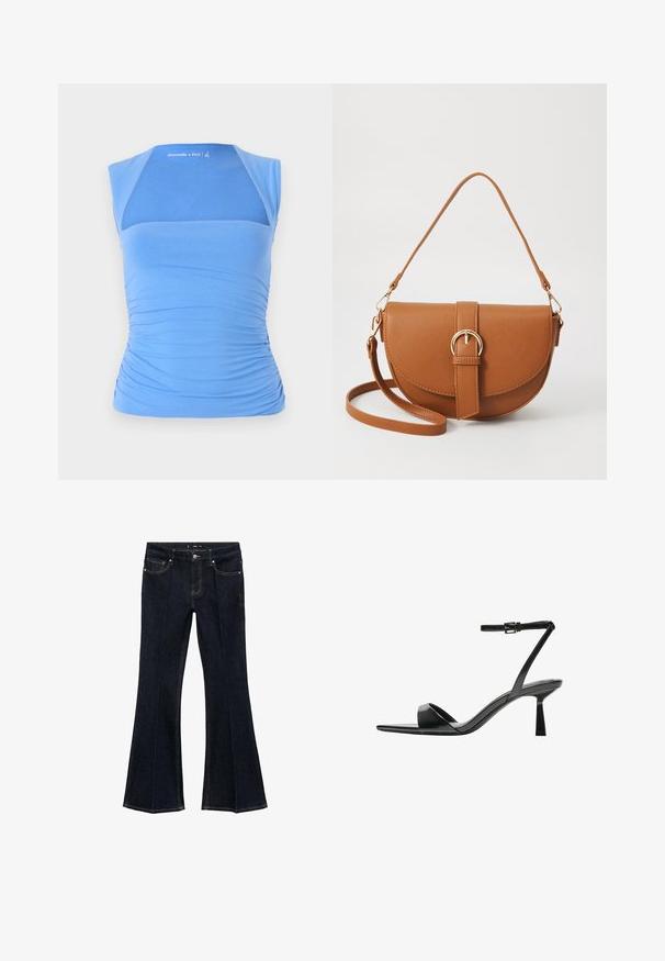Blue, sleeveless top made of stretchy fabric with gathered sides for texture. Features a mesh panel on the front, smooth neckline, and logo detail.; Dark blue denim jeans with high waist, front pockets, and flared wide legs, displayed flat on a white background.; Bershka High heeled sandals - black; Brown leather crossbody bag with a curved shape, gold hardware, and a buckle accent. Features a detachable shoulder strap.