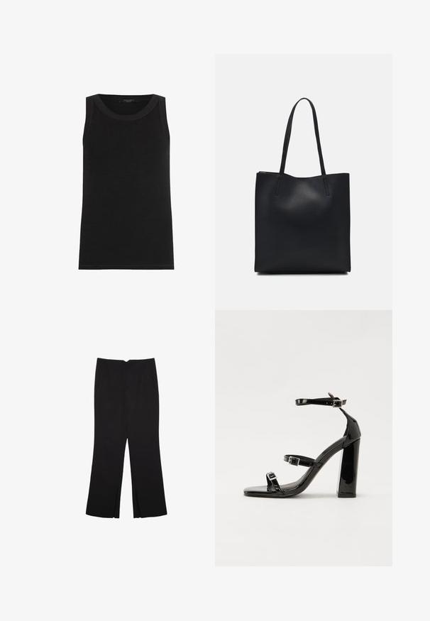 AllSaints RINA - Top - black; Čierne nohavice so strihom rovného strihu, s prednými vreckami a bočnými rozparkami na leme. Vyrobené z mäkkej, hladkej tkaniny. Vhodné na rôzne príležitosti.; Čierne lakované sandále na podpätku so štvorcovou špičkou, navlečenými remienkami okolo členku a striebornými prackami. Disponujú masívnym blokovým podpätkom pre stabilitu.; Čierna kožená taška na rameno s hladkým povrchom, obdĺžnikovým tvarom a dvoma dlhými uchami. Bez viditeľného kovania alebo ozdôb.