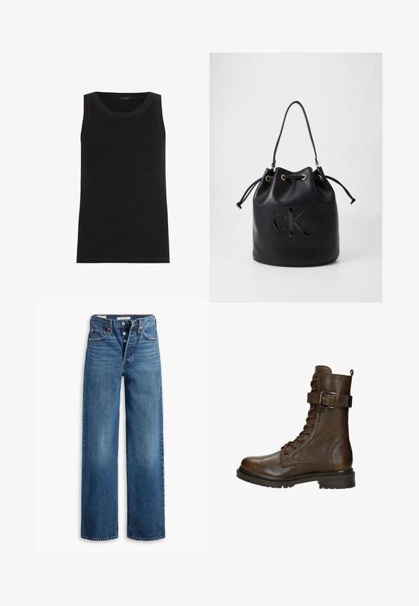 AllSaints RINA - Top - black; Blue denim jeans with a wide-leg design, five pockets, button fly, and contrasting stitching. Textured fabric with a faded finish.; Brown leather lace-up ankle boot with a side buckle, round toe, rugged sole, and stitching details for added texture.; Black leather bucket bag with drawstring closure, featuring a glossy "CK" logo on the front and gold-tone hardware accents.