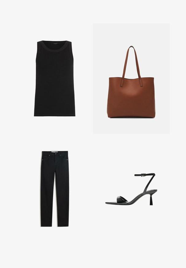 AllSaints RINA - Top - black; Sorte denimbukser med lige ben, fem lommer, metalknaplukning og diskrete syningsdetaljer. Glat tekstur.; Bershka Højhælede sandaletter / Højhælede sandaler - black; Brun læder tote taske med en glat overflade, åben topdesign og to skulderremme. Har minimal syning og ingen synlig hardware.