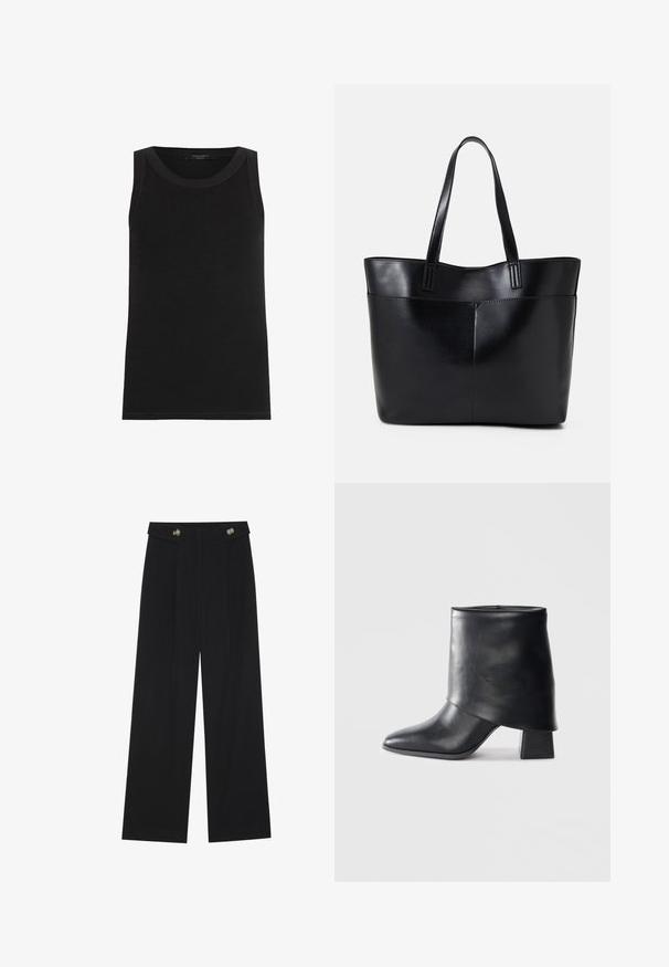 AllSaints RINA - Top - black; Black wide-leg trousers with high waist, button details on waistband, and front pleats.; Black leather ankle boot with a pointed toe, smooth texture, and a structured block heel. Features a high, folded cuff design.; Black leather tote bag with two long handles, a smooth texture, and a structured shape. Features a front pocket for additional storage.