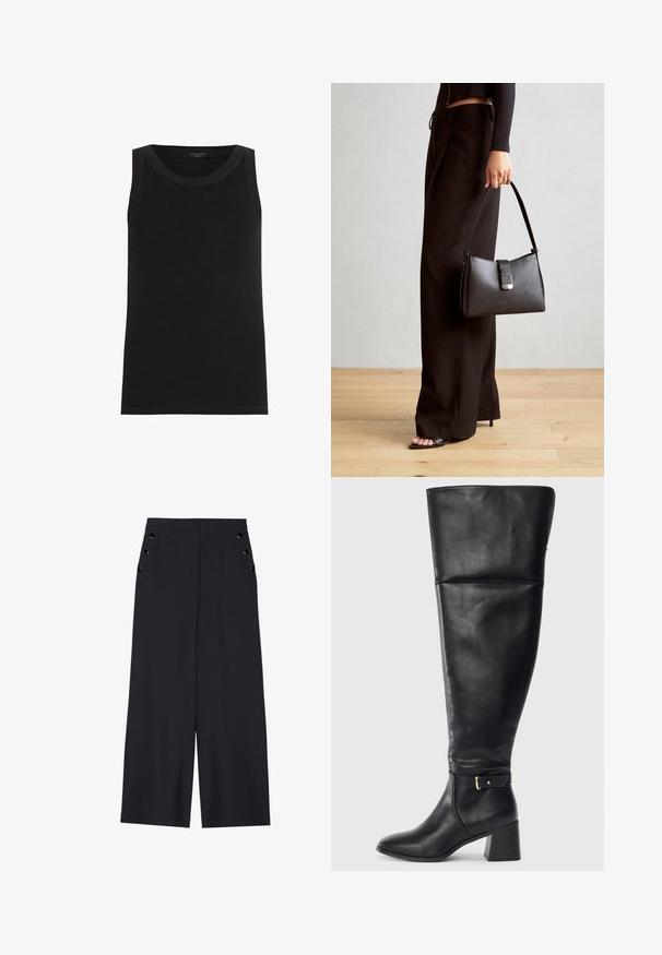 AllSaints RINA - Linne - black; Breda byxor i mörkblått tyg med en slät yta, framfickor med veck och dekorativa öljett i guldton på sidofickorna.; Svart knälång läderstövel med klack och dekorativ rem med guldspänne ovanför vristen, sidovy på vit bakgrund.; Svart handväska med strukturerad form, slät yta och metallspänne. Matchad med vida svarta byxor och sandaler med öppen tå på trägolv.