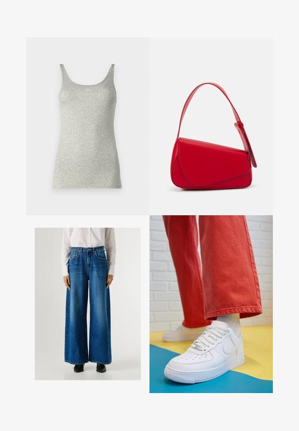 Pelēks siksniņu tops, izgatavots no mīksta džersija auduma, ar ovālu izgriezumu un plānām siksniņām. Minimālistisks dizains bez rakstiem vai akcentiem.; Zili-snapjā labi bikses ar augstu vidukli, izgatavotas no denima, ar priekšējām kabatām un pogu aizdari. Gluda tekstūra ar klasisku mazgāšanu.; Baltās ādas kedas ar perforētu purngalu, teksturētu zoli un baltām auklām, apvienotas ar platām sarkanām biksēm un zilu un dzeltenu fona.; Sarkans ādas rokassomi ar stūrainu, ģeometrisku dizainu. Iekļauj vienu regulējamu siksnu un vāku ar izšūtu detaļu.