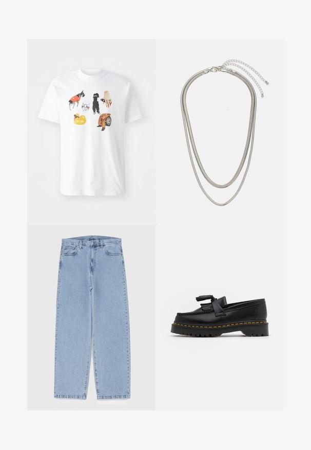 White cotton t-shirt featuring colorful graphic illustrations of a dog, a child, an inflatable ring, and various accessories.; Light blue denim jeans with straight leg design, featuring a mid-rise waist, five pockets, and a button and zipper closure.; Black leather loafer with a tasseled accent, featuring a chunky black sole and yellow stitching along the edge. Textured finish.; Three-layered silver metal necklace featuring sleek, flexible chains with a slight sheen, secured with a lobster clasp and adjustable chain.