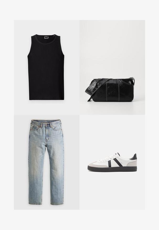 Zwarte geribde tanktop met een ronde halslijn, mouwloos ontwerp en een zachte, gestructureerde stof. Heeft een rechte zoom en minimale branding.; Lichtblauwe denim jeans met hoge taille, frontknop, rits en vijfzakkenontwerp, plat gelegd op een neutrale achtergrond.; Witte sneaker met zwarte en grijze accenten, voorzien van een grijze neus met textuur, zwarte rubberen zool en platte witte veters. Schoon ontwerp, minimalistische stijl.; Zwarte leren schoudertas met een ritsluiting, voorzien van een gestructureerd lichaam, witte stiksels en een band met zilveren oogjes.