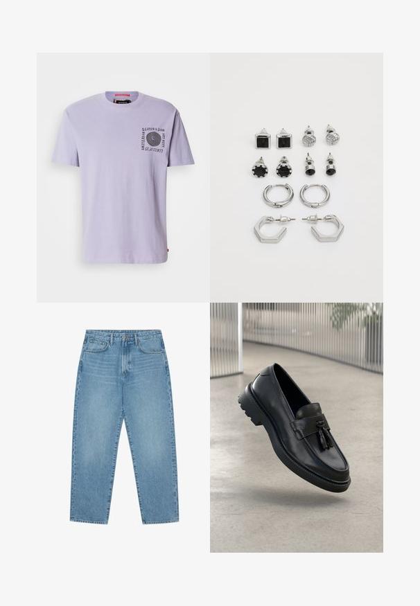 Lavender cotton t-shirt with crew neckline, short sleeves, and a black spiral graphic on the left chest. Tag visible at the neck.; Light blue denim jeans with a straight-leg cut, five-pocket design, and a slightly faded texture. Features a button and zipper closure.; Black leather loafers with a smooth finish, decorative tassel, thick rubber sole, and stitched accents. Lightweight and sleek design.; Silver-tone earrings set, featuring two pairs of hoop earrings and six stud pairs with various shapes and textures, including black accents.