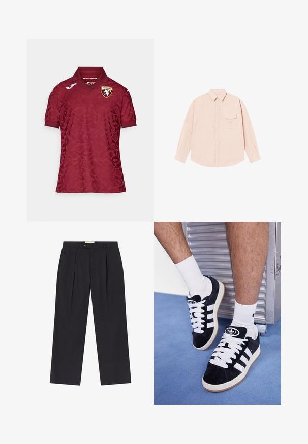 Camisola vermelha com um padrão texturizado subtil, apresentando um colarinho clássico e o logótipo do Torino FC no peito. Mangas curtas e tecido respirável.; Camisa de manga longa rosa-claro feita de tecido suave, com colarinho abotoado, bolso frontal e um logo bordado discreto no peito.; Calças escuras de marinho sob medida, com uma cintura alta, duas pregas frontais, fecho de botão e pernas retas em tecido suave.; Sapatilhas de camurça pretas com atacadores brancos e três riscas brancas. Apresentam um logotipo circular preto na língua e uma sola de borracha tan.