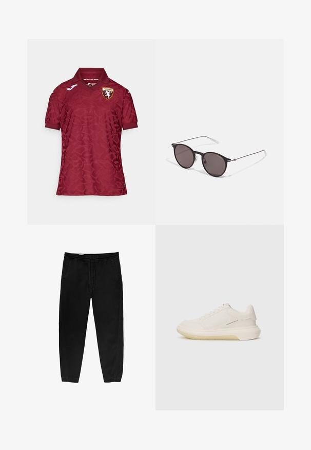 Crvena majica s suptilnim teksturiranim uzorkom, koja ima klasičnu kragnu i logo Torina FC na prsima. Kratki rukavi i prozračni materijal.; Crne hlače s elastikom u struku i vezicom, sužene nogavice, bočne džepove i suptilne detalje šivanja s strane. Mekana pamučna tkanina.; Bijele tenisice s glatkim kožnim gornjim dijelom, okruglim prstom i debelim gumenim potplatom. Imaju minimalne šavove i suptilan logo dekor na strani.; Crne okrugle sunčane naočale s tamnim staklima i tankim metalnim ručkama. Uključuju prozirne vrhove ručki i srebrne naglaske na šarkama. Minimalistički dizajn.