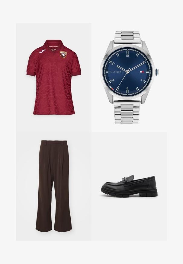 Piros mez, finom textúrájú mintával, klasszikus gallérral és Torino FC logóval a mellkason. Rövid ujjú és légáteresztő anyagból készült.; Barna, bő szabású nadrág magas derékkal, elülső redőkkel és övhurkokkal, sima, könnyű anyagból készült.; Fekete bőr mokaszín, lekerekített orral, díszes pánttal és fém kiegészítővel, valamint vastag, texturált talppal. Simább felület, finom részletezéssel.; Ezüst színű fém óra kék, kefélt számlappal, fehér órijjelezőkkel és dátumkijelzővel. Fém, láncolt szíj és márkalogó jellemzi.; Ezüst lánc nyaklánc, vastag gyűrűkkel és középen egy részletes díszítéssel ellátott kör alakú medállal. Simára polírozott, fényes fémfelület.