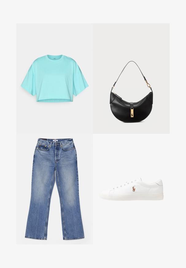 Lyhyt turkoosi t-paita, joka on valmistettu pehmeästä puuvillasta. Ominaisuuksina pyöreä kaula-aukko ja leveät lyhyet hihat. Sujuva pinta, jossa on minimaalinen ompelu.; RE/DONE LOOSE - Bootcut-farkut - hacienda; Valkoiset nahkakengät, matala malli, jossa on sileä pinta, pyöreä kärki, nauhakiinnitys edessä ja pieni brodeerattu logo sivulla.; Musta nahkalaukku puolikuun muotoisena. Varustettu kultaisilla yksityiskohdilla ja kapealla hihnalla. Tasainen pinta, vetoketjukiinnitys ylhäällä.