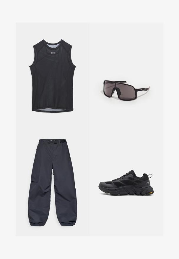 Top sportiv fără mâneci, de culoare neagră, realizat dintr-un material mesh, cu decolteu rotund și guri de braț întărite. Design minimalist cu branding subtil.; Pantaloni cargo gri închis, dintr-un material moale și durabil. Aceștia au o croială largă și lejeră, numeroase buzunare și o curea la talie pentru ajustare.; Pantofi sport negri cu talpă groasă, upper din plasă și material sintetic, accente texturate și marcaj Vibram pe talpa exterioară.; Ochelari de soare dreptunghiulari negri cu lentile închise, ramă largă și brațe subțiri negre. Prezintă un logo pe tampoane. Textură netedă.