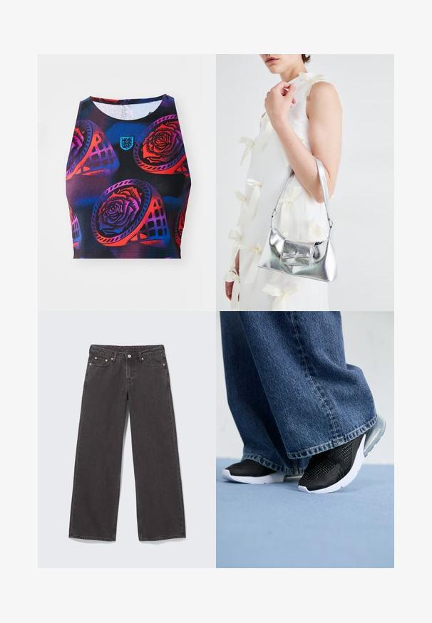 Fekete, rugalmas anyagból készült ujjatlan crop top, amely több színű virágmintával, rózsákkal és geometriai formákkal díszített, valamint egy kis logóval.; Széles szárú fekete farmernadrág réz szegecsekkel, öt zsebbel és gombos záródással. Puha, tartós anyag, deréktól szegélyig egyenes szabású.; Fekete sportcipők hálós részletezéssel, fehér talppal és látható légpárnázással, kék farmer széles szárú nadrággal párosítva.; Ezüst fémes kézitáska, struktúrált formával, felső fogantyúval és masnis részlettel az elején. Simaságával és fényes felületével tűnik ki.