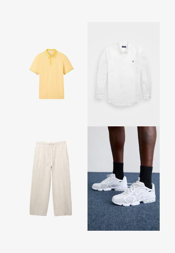 Żółta koszulka polo o teksturowanej tkaninie. Posiada kołnierzyk, zapięcie na trzy guziki oraz kontrastowe miętowe akcenty na rękawach.; Biała koszula z długim rękawem wykonana z bawełny, z kołnierzykiem na guziki, z małym granatowym logo na lewej piersi i klasycznym zapięciem na guziki.; Lniane spodnie w jasnym beżu, z elastycznym pasem na sznurku, szerokimi nogawkami i kieszeniami po bokach. Gładka tekstura.; Białe sportowe buty z siateczkową cholewką, teksturowanymi akcentami i wyściełaną podeszwą. W zestawieniu z czarnymi skarpetkami ściągaczowymi do kostek na niebieskiej wykładzinie.