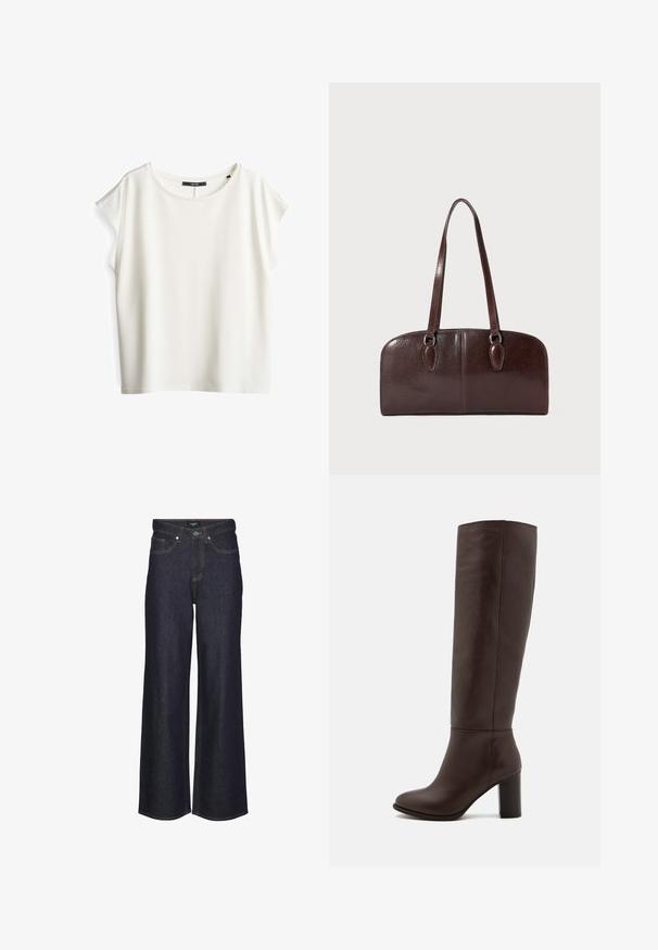 White short-sleeve top made of smooth fabric with a relaxed fit, round neckline, and subtle sheen. No visible patterns or embellishments.; High-waisted wide-leg jeans in dark denim. Features classic stitching, five pockets, and a button closure at the front.; Brown leather knee-high boot with a block heel, smooth texture, rounded toe, and minimal stitching details.; Brown leather handbag with two long handles, a structured rectangular shape, smooth texture, and rounded edges. Features accent details at the handles.