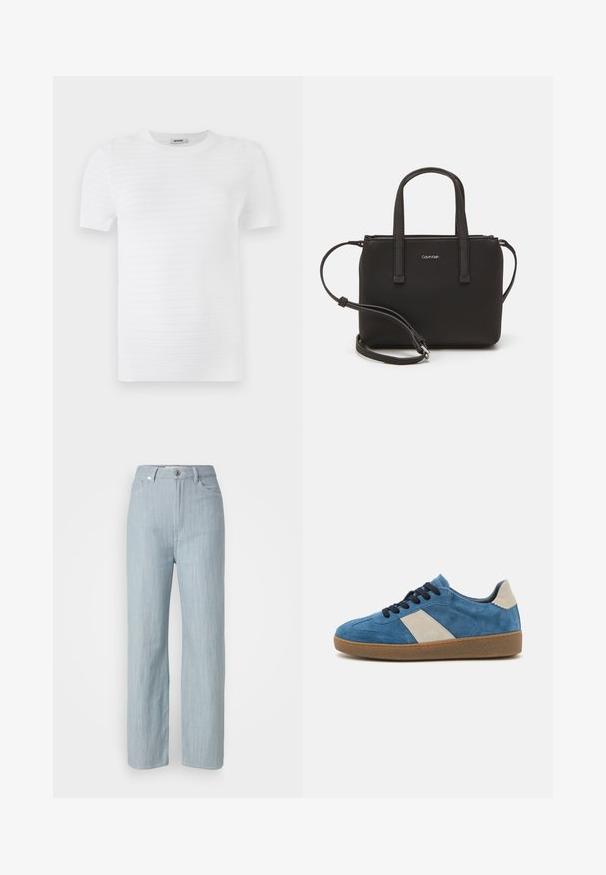Weißes Kurzarm-T-Shirt aus strukturiertem Stoff mit einem gerippten Muster. Das Design verfügt über einen runden Ausschnitt und einen geraden Schnitt.; Helle blaue gerade geschnittene Jeans aus Denim. Verfügt über fünf Taschen, einen Metallknopfverschluss und dezente Waschungen für zusätzliche Textur.; Blaue Wildleder-Sneaker mit beigem Lederakzent, dunklen Schnürsenkeln und einer strukturierten Gummisohle; niedriges Profil mit runder Zehenpartie.; Schwarze Handtasche mit zwei kurzen, doppelt geflochtenen Griffen und einem abnehmbaren Schulterriemen. Glattes, lederähnliches Material mit einem Reißverschluss und Logodetail.