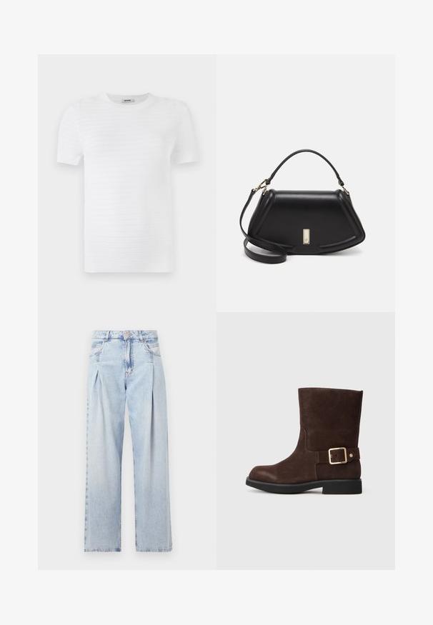 T-shirt bianco a maniche corte realizzato in tessuto testurizzato con un motivo a coste. Il design include un collo rotondo e una vestibilità dritta.; Jeans in denim azzurro chiaro con vita alta, taglio a gamba larga, due tasche laterali e design plissettato. Texture morbida con una finitura sbiadita.; Stivale alla caviglia in suede marrone con punta arrotondata, suola nera piatta e dettaglio in oro con fibbia sul lato. Texture liscia e design semplice.; Borsa a mano in pelle nera con un design strutturato, caratterizzata da una forma corta, manico superiore e accessori in metallo dorato. Inclusa tracolla regolabile.