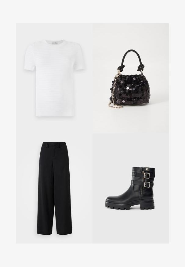 Valge lühikeste varrukatega T-särk, mis on valmistatud tekstuuriga kangast, millel on soonikuvorm. Kujunduses on ümar kaelus ja sirge lõige.; Mustad laiad püksid siledast kangast, millel on sirge esiosa, volditud detailid ja vööloopidega vöökoht.; Mustad mustat nahast pahkluumudud, kahekordsete põhjakaunistustega, lukuga sulgemine, paksud tallad ja sile tekstuur. Omab robustset ja stiilset disaini.; Must have mustrõngus mustal sädelev mini käekotil on sõlme tekstuuriga rihm ja hõbedane ketis. Ümar kuju, kokku kogutud ülaosa ja peegeldav detail.