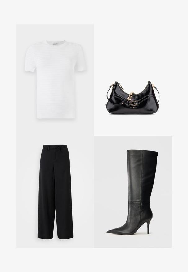 Weißes Kurzarm-T-Shirt aus strukturiertem Stoff mit einem gerippten Muster. Das Design verfügt über einen runden Ausschnitt und einen geraden Schnitt.; Schwarze weite Hosen aus glattem Stoff, mit einem flachen Frontdesign, gefältelten Details und Gürtelschlaufen am Bündchen.; Schwarze Lederstiefel bis zum Knie mit spitzem Zehenbereich und schlankem Stiletto-Absatz, glatte Textur, Seitenansicht auf neutralem Hintergrund.; Schwarze Lackledertasche mit geschwungenem Design, goldenen Hardware-Akzenten und einem auffälligen Logo. Inklusive abnehmbarem Schultergurt.