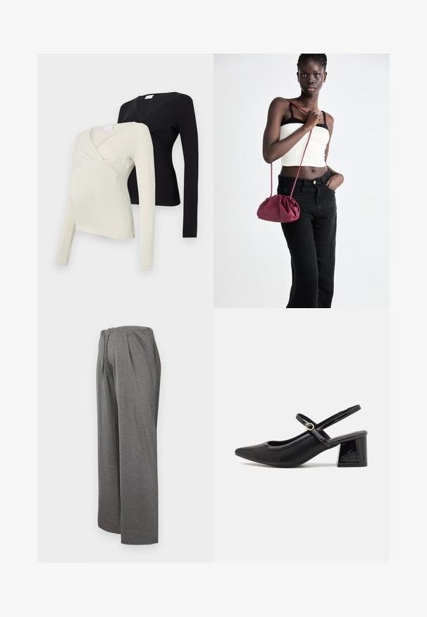 Duass blusas de maternidade de mangas compridas: uma em creme claro e a outra em preto. Ambas apresentam um design envolvente e um tecido macio.; Calças largas cinzentas feitas de um tecido leve e suave. Apresentam uma cintura elástica e pregas frontais, proporcionando um ajuste confortável.; Sabrinas de cerâmica preta com salto bloco, bico apontado e um design com recortes arredondados. Apresenta um detalhe em fivela de tom dourado.; Bolsa de tecido suave em borgonha com um design franzido e uma alça longa, usada à transversal. Modelo veste um top cropped branco e jeans pretos.