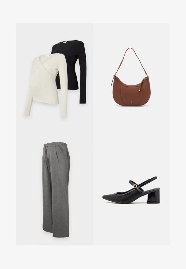 Kaksi pitkähihainen raskaustoppi: yksi vaaleassa kermaisessa värissä ja toinen mustana. Molemmissa on crossover-muotoilu ja pehmeä kankaan rakenne.; Harmaat leveät housut, jotka on valmistettu pehmeästä ja kevyestä kankaasta. Varustettu joustavalla vyötärönauhakkeella ja etupleiteillä, jotka tarjoavat mukavan istuvuuden.; Musta lakattu nahka slingback-korkokengät, joissa on terävä kärki, pyöreä aukko-muotoilu ja lohkokorko. Varustettu kultasävyisellä solkiyksityiskohdalla.; Ruskea keinonahkainen olkalaukku, jossa on kaareva muoto, minimaalinen ompelu ja kultasävyinen varuste. Varustettu ylhäältä avautuvalla vetoketjullisella suljennalla ja säädettävällä hihnalla.