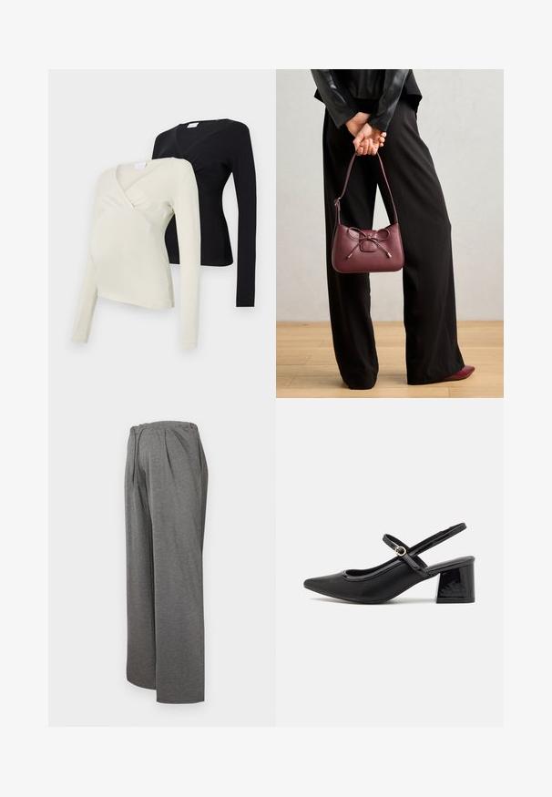 Két hosszú ujjú kismama felső: az egyik világos krém színű, a másik fekete. Mindkettő átkötős kialakítással és puha szövet textúrával rendelkezik.; Szürke, bő szárú nadrág, puha, könnyű anyagból készült. Rugalmas derékkal és elülső redőkkel rendelkezik, biztosítva a kényelmes viseletet.; Fekete lakk bőr, pántos magassarkú cipő, hegyes orral, lekerekített kivágással és tömbsarkal. Arany színű csat díszíti.; Burgundi bőr kézitáska masni részlettel, vékony pánttal és aranyszínű fém kiegészítőkkel, amelyet egy fekete nadrágot viselő személy tart.