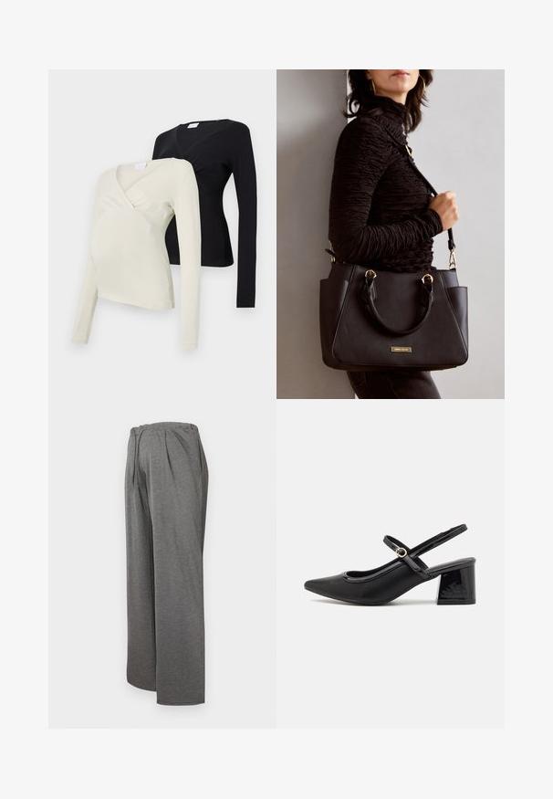 Two long-sleeved maternity tops: one in light cream, the other in black. Both feature a wrap design and soft fabric texture.; Gray wide-leg trousers made from soft, lightweight fabric. Features an elastic waistband and front pleats, providing a comfortable fit.; Black patent leather slingback heels with a pointed toe, a rounded cutout design, and a block heel. Features a gold-tone buckle accent.; Black handbag with textured surface, dual top handles, and adjustable shoulder strap. Features gold-tone hardware and side pockets.