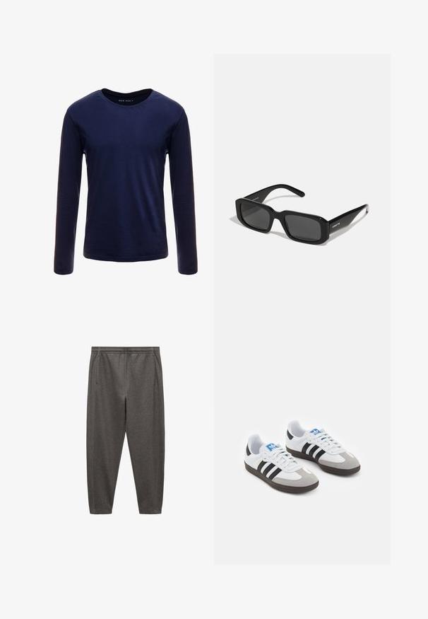 Navyblaues Langarm-T-Shirt aus weicher Baumwolle, mit klassischem Rundhalsausschnitt und einer glatten Textur ohne sichtbare Muster oder Akzente.; Graue Jogginghose aus weichem Stoff, mit einem elastischen Bund, seitlichen Taschen und einem schmal zulaufenden Bein.; Sportschuhe mit einem Obermaterial aus weißem Leder, grauer Wildleder-Zehenkappe und drei schwarzen Streifen. Sie verfügen über ein blaues Logo auf der Zunge und eine strukturierte Gummisohle.; Arnette THEKIDD UNISEX - Sonnenbrille - black