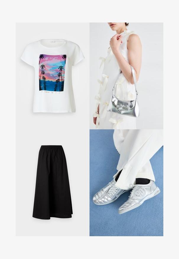 Witte T-shirt met korte mouwen met een kleurrafisch van palmbomen tegen een zonsondergang met bergen op de achtergrond, en tekst aan de onderkant.; Zwarte, knielange rok van lichte stof met een elastische tailleband en een ontspannen, A-lijn silhouet. Heeft geen zichtbare patronen.; Zilveren sportschoenen met een gladde, glanzende afwerking, voorzien van een gestikt ontwerp en het nummer 90 aan de zijkant, gecombineerd met witte broek.; Zilveren metallic handtas met een gestructureerde vorm, voorzien van een bovenhandvat en een strikdetail aan de voorkant. Gladde textuur, reflecterende afwerking.