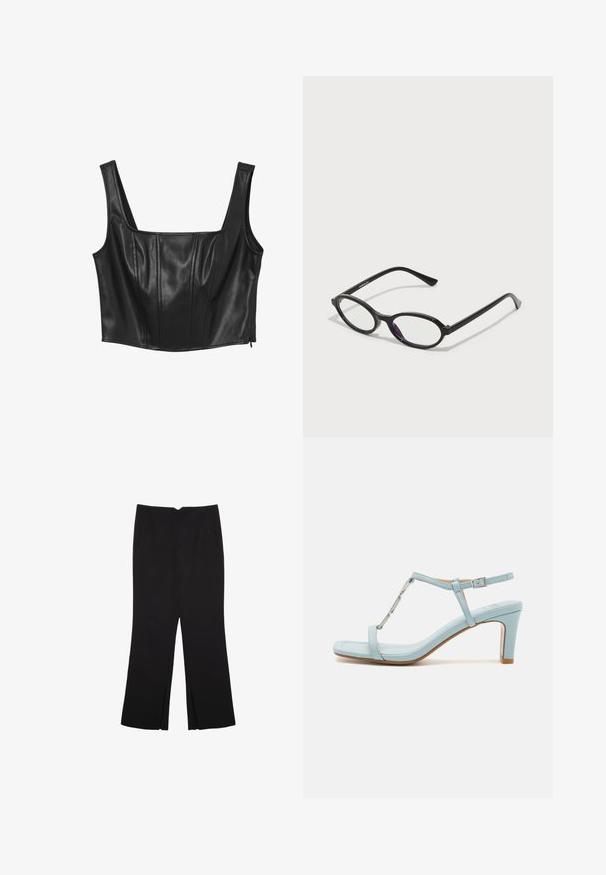 Calliope Top - nero; Pantaloni neri a gamba dritta, con tasche frontali e spacchi laterali all'orlo. Realizzati in tessuto morbido e liscio. Adatti a diverse occasioni.; Sandalo con tacco alto a fascia alla caviglia di colore azzurro chiaro, con design a punta quadrata, dotato di un accento metallico e una texture in pelle liscia e elegante.; Occhiali con montatura ovale nera e accenti viola traslucidi sulle lenti. La montatura ha una finitura opaca e delle astine sottili e diritte.