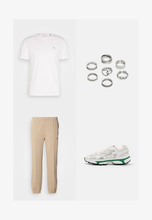 White cotton T-shirt featuring a crew neckline, short sleeves, and a small embroidered logo on the chest. Soft texture, simple design.; Lacoste Tracksuit bottoms - viennese; White sneaker with green accent and black rubber sole. Features mesh and synthetic panels, with a textured finish and visible stitching.; Set of seven silver rings featuring various designs, including twisted, linked, and engraved patterns. Different shapes and widths.
