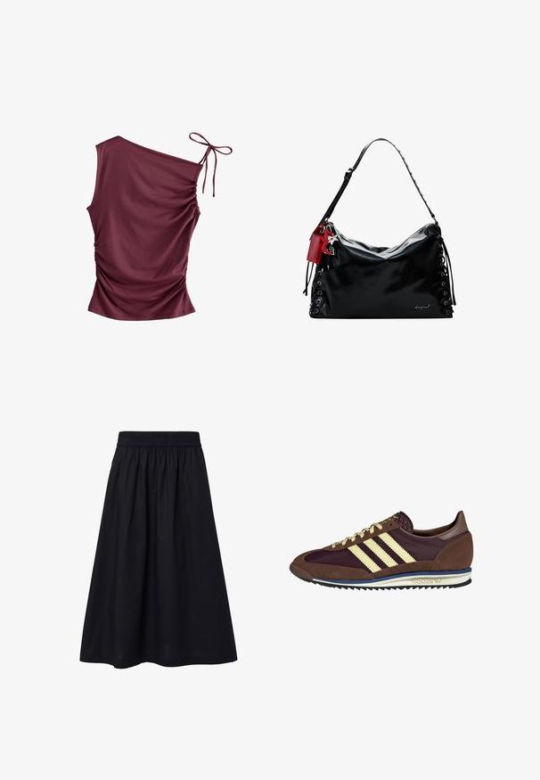 Next SOFT TOUCH RUCHED SLEEVELESS - Débardeur - burgundy red; Jupe noire longueur genoux fabriquée en tissu léger. Caractérisée par une taille élastique et une texture simple et lisse. Pas de motifs ni d'ornements visibles.; Baskets marron et bordeaux avec des matériaux en daim et en maille, présentant trois rayures crème, un tissu texturé sur la languette et une semelle en caoutchouc.; Sac à main en cuir noir au design décontracté, avec des détails lacés sur les côtés et une étiquette d'accent rouge. Dispose d'une longue bandoulière réglable.