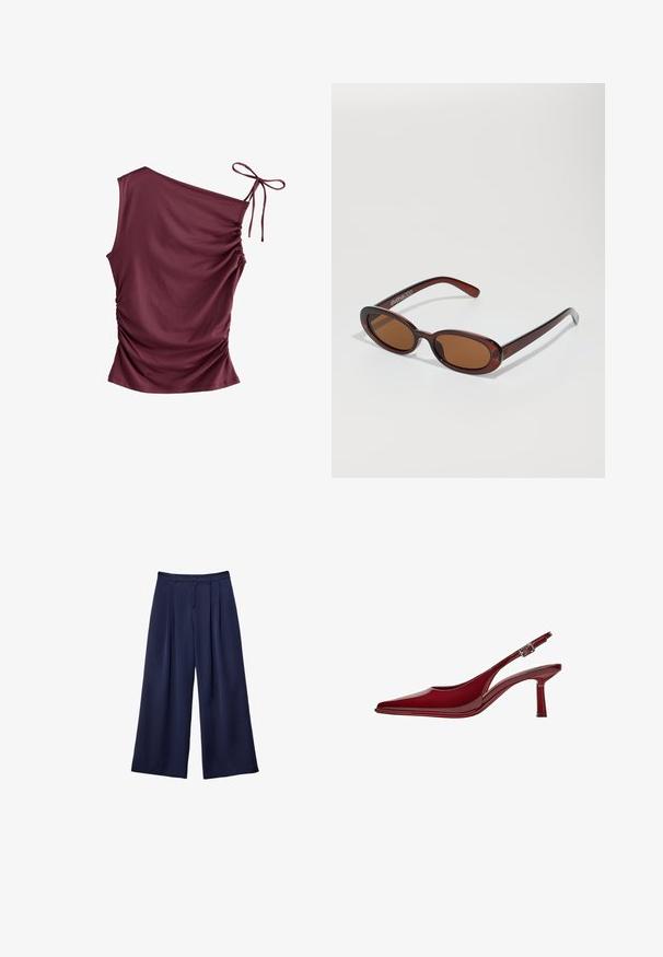 Next - Top; Granatowe spodnie typu wide-leg z plisami, zapinane w pasie na guziki, z szlufkami na pasek, pokazane na płasko na białym tle.; Bershka - Czółenka; Okrągłe, brązowe okulary przeciwsłoneczne z błyszczącą bordową oprawą. Cienkie ramiona z subtelnym detalem marki. Płaski kształt soczewek.; Czerwona, błyszcząca torebka na ramię z dwoma długimi uchwytami, prostokątnym kształtem, gładką strukturą i subtelnym wzorem fałdowania. Posiada srebrny sprzęt.