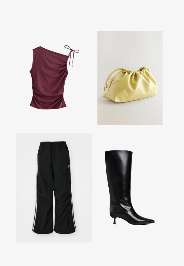 Next SOFT TOUCH RUCHED SLEEVELESS - Toppi - burgundy red; Mustapohjaiset tuulihousut, joissa on elastinen vyötärö, nauhakuja, valkoiset sivuviivat, väljä malli ja pieni logo vasemmalla puolella.; Mustassa nahasta valmistetut polvipituiset saappaat, joissa on teräväkärkinen muotoilu, hoikka siluetti ja matala lohkarekorko, joka kiiltää.; Next Pikkulaukku - yellow